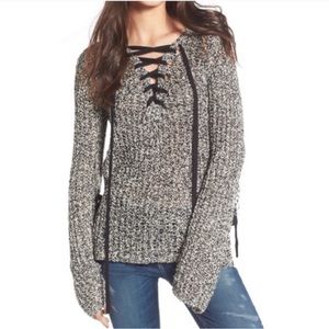 Pam & Gela Lace-Up Black & White Open Knit Sweater size s